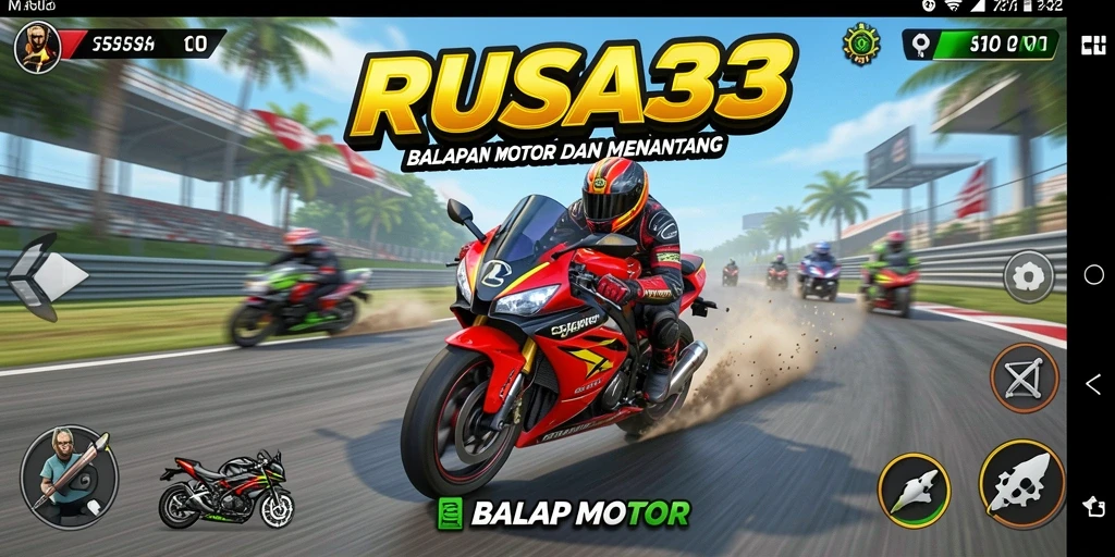 Antarmuka RUSA33 yang menampilkan aksi balap motor yang mendebarkan.